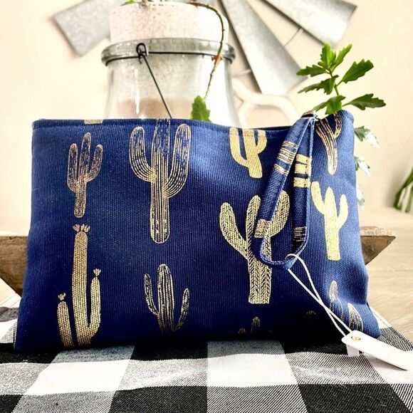 Handbags - GOLDEN CACTUS NAVY WRISTLET POUCH